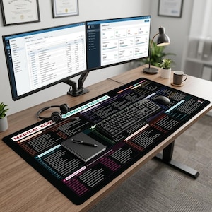 May include: A large black rectangular desk mat featuring printed medical coding workflow information in white, red, and blue text. The mat is placed on a wooden desk under a black mechanical keyboard, a computer mouse, and a black notebook with a pen.