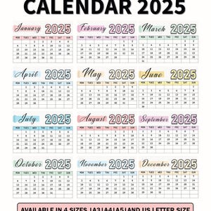Calendario 2025 / Colores pastel / Descarga instantánea digital, calendario mensual imprimible para escritorio y pared / Tamaño horizontal A3, A4, A5, carta de EE. UU.