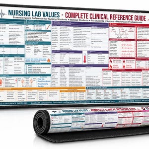 May include: A rectangular desk mat featuring a comprehensive Nursing Lab Values clinical reference guide with charts, medical icons, and text. The mat displays sections for general medical, cardiac, systemic, and pharmacology data in a grid layout.