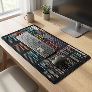 May include: A black rectangular desk mat with a colorful coding design, a wireless keyboard, and a mouse. The mat features the text "Art of AI" and is placed on a wooden desk. A computer monitor, a mug, and a small plant are also visible.