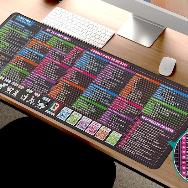 EXCEL Cheat Sheet Desk Pad: XL Mousepad Desk Protector Desk Mat for Keyboard & Mouse | Available in 2 Sizes