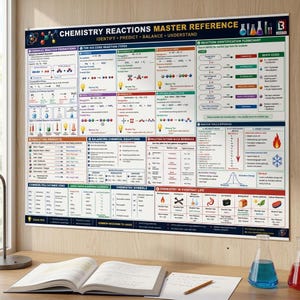 May include: A large educational wall poster titled Chemistry Reactions Master Reference, featuring colourful diagrams, flowcharts, and text explaining chemical reaction types, balancing equations, polyatomic ions, and chemistry in everyday life.