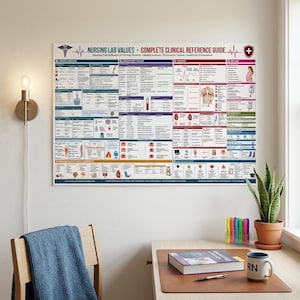 May include: A rectangular wall poster titled Nursing Lab Values - Complete Clinical Reference Guide. The chart features columns of medical data, laboratory values, cardiac diagrams, and pharmacology notes with colorful icons and text on a white background.