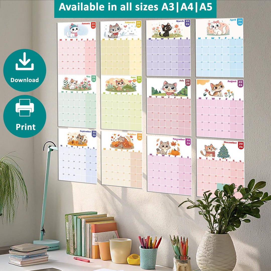 Kawaii Cat Calendar 2026 | Printable Monthly Planner (digital Download ...
