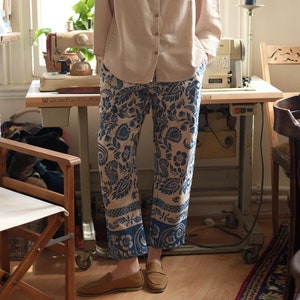 Ethnic Print Pants, Bohemian Cotton Trousers, High Waist Wide Leg Pants, Comfortable Elastic Waist Pants, Lightweight Casual Pants