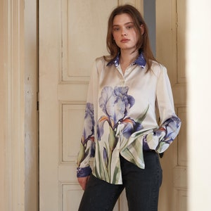 Violet Satin Shirt, Floral Pattern Blouse, Elegant Satin Button-Up, Long Sleeve Women’s Shirt, Soft Satin Blouse, Chic Floral Satin Top