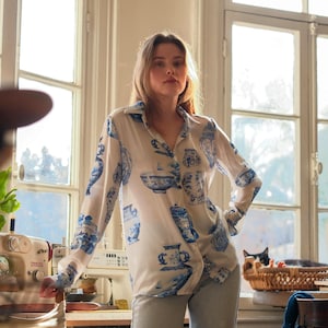 Blue Dream Satin Shirt, Elegant Long Sleeve Blouse, Soft Satin Button-Up, Classic Women&#39;s Shirt, Breathable Satin Blouse, Chic Satin Top