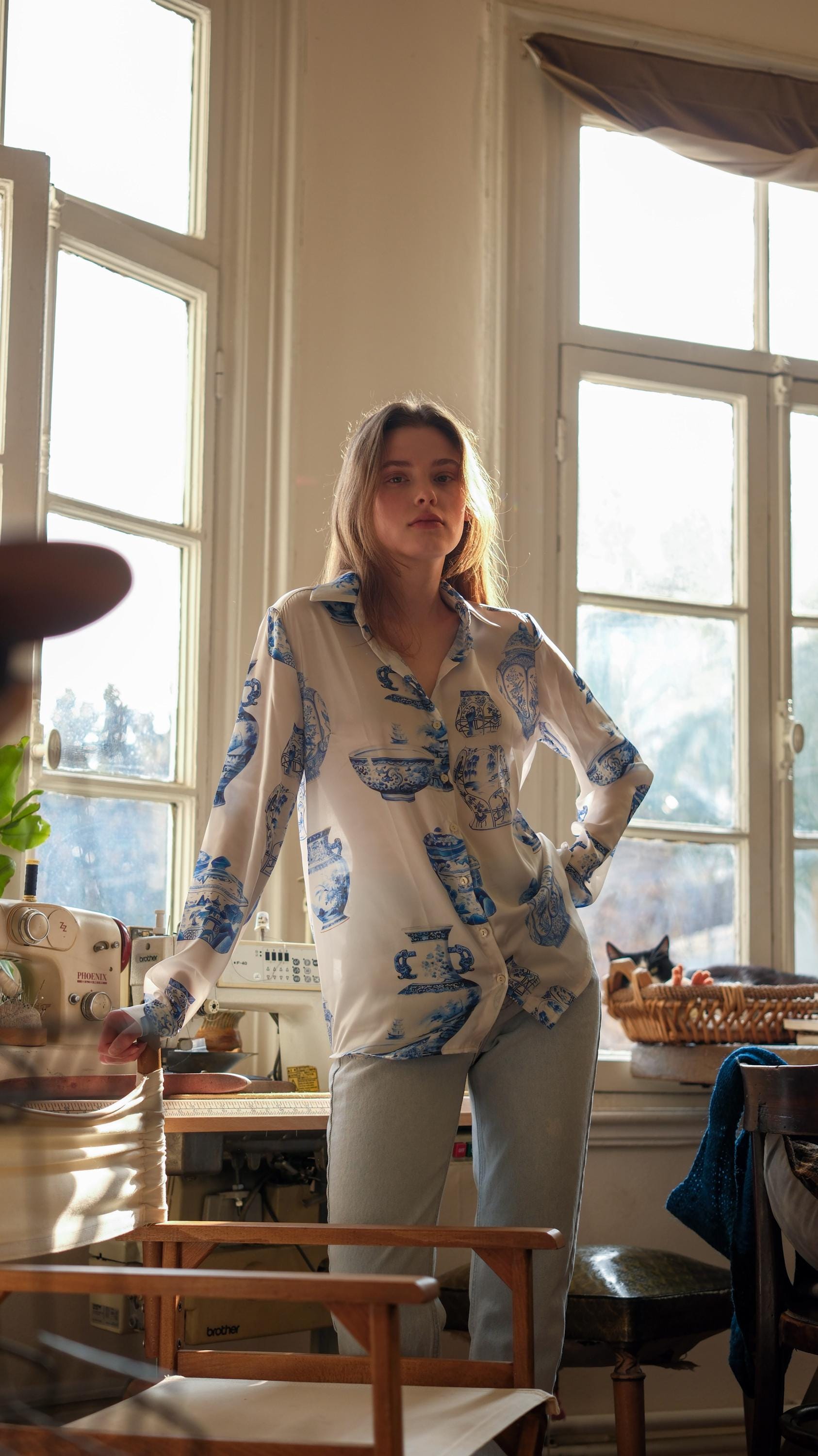 pale blue satin blouse