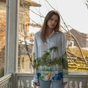 Miami Satin Shirt, Tropical Print Blouse, Soft Satin Button-Up, Stylish Women’s Shirt, Elegant Long Sleeve Blouse, Vacation-Inspired Top