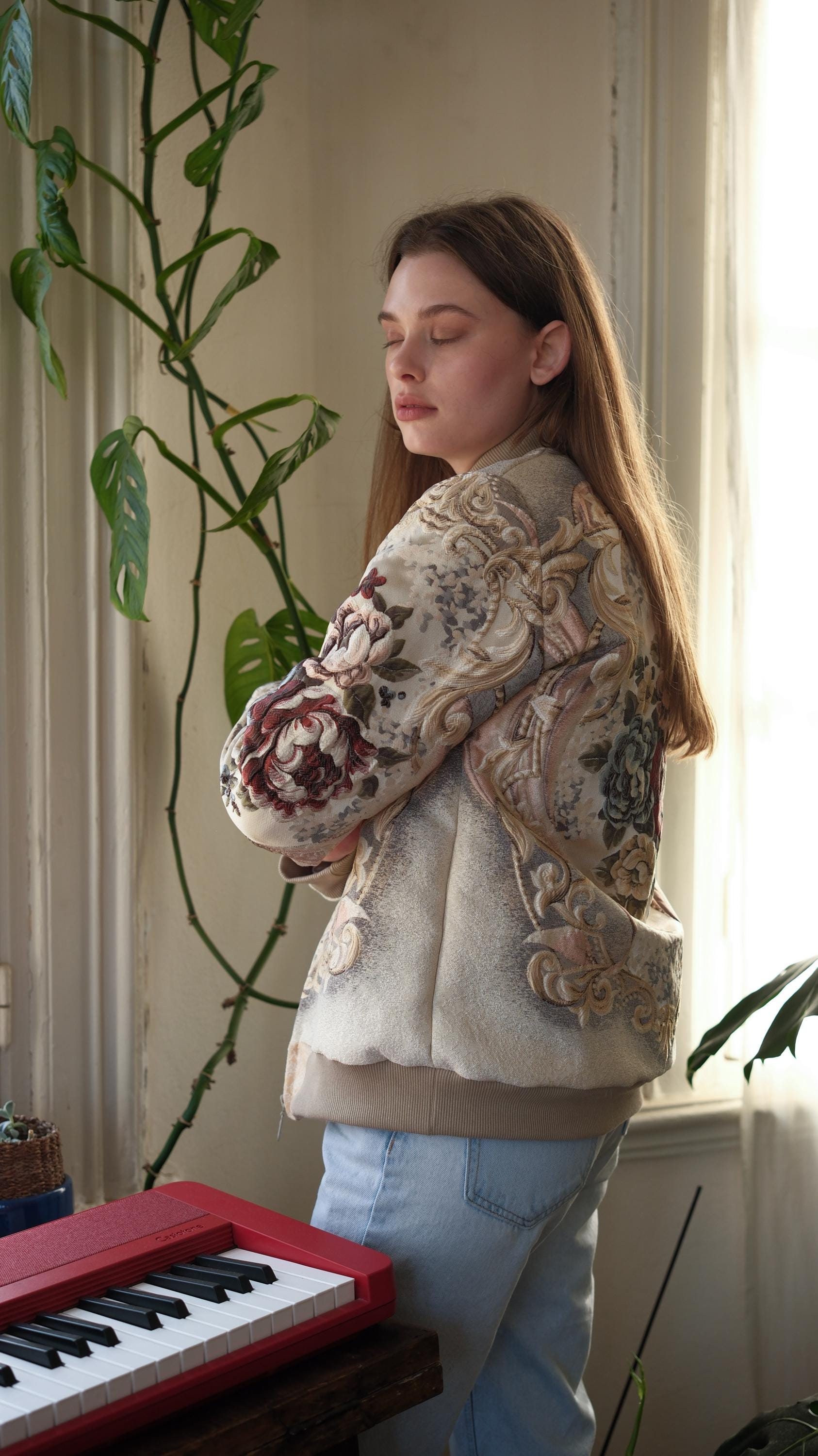 ジャケット・アウター old over silhouette gobelin weave jacket Tapestry Jacket for Women, Floral Zip-up Embroidered Coat