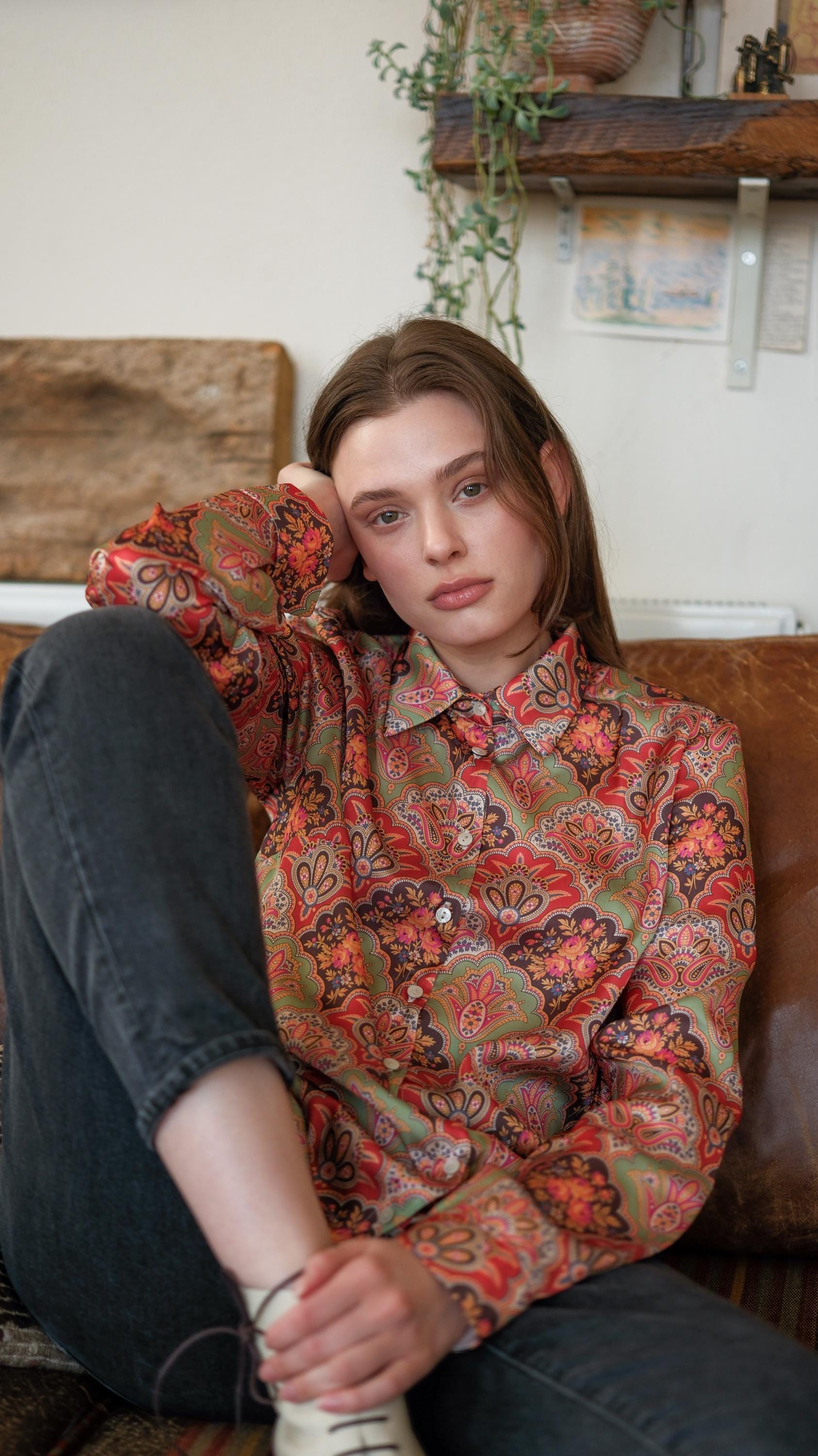 Retro Satin Shirt, Vintage Pattern Blouse, Elegant Button-Up Shirt, Chic Women's Top, Long Sleeve Retro Blouse, Soft Stylish