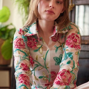 Floral Embroidered Sheer Shirt, Elegant Tulle Blouse, Long Sleeve Women’s Blouse, Soft Mesh Top, Lightweight Floral Sheer Shirt, Chic Blouse