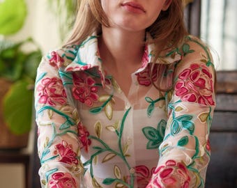 Floral Embroidered Sheer Shirt, Elegant Tulle Blouse, Long Sleeve Women’s Blouse, Soft Mesh Top, Lightweight Floral Sheer Shirt, Chic Blouse