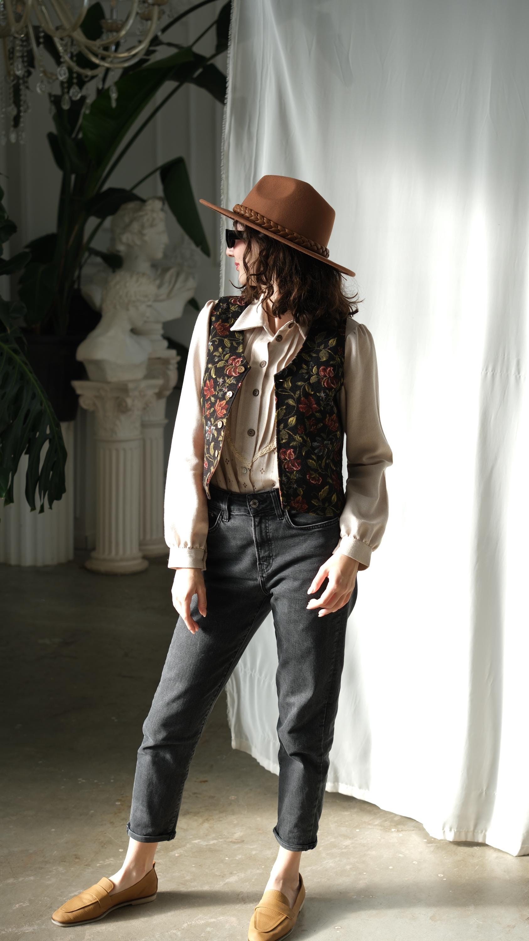 Mens Drop Shoulder Oversized Floral Tapestry Vest Distressed