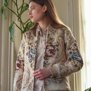 Tapestry Jacket for Women, Floral Zip-Up Embroidered Coat, Vintage Inspired Outerwear, Boho Statement Layer, Cream Woven Fabric Look