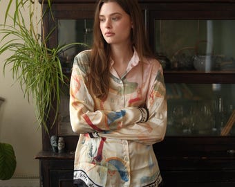 Fine Art Satin Shirt, Artistic Print Blouse, Unique Pattern Button-Up, Elegant Long Sleeve Shirt, Luxury Satin Blouse, Statement Fashion