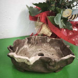 Puede incluir: Una maceta de bonsái de cerámica marrón con un borde ondulado y un borde de color claro. La maceta tiene agujeros de drenaje y se encuentra sobre una superficie verde. En el fondo, se ve una planta con flores rojas y una abeja decorativa.