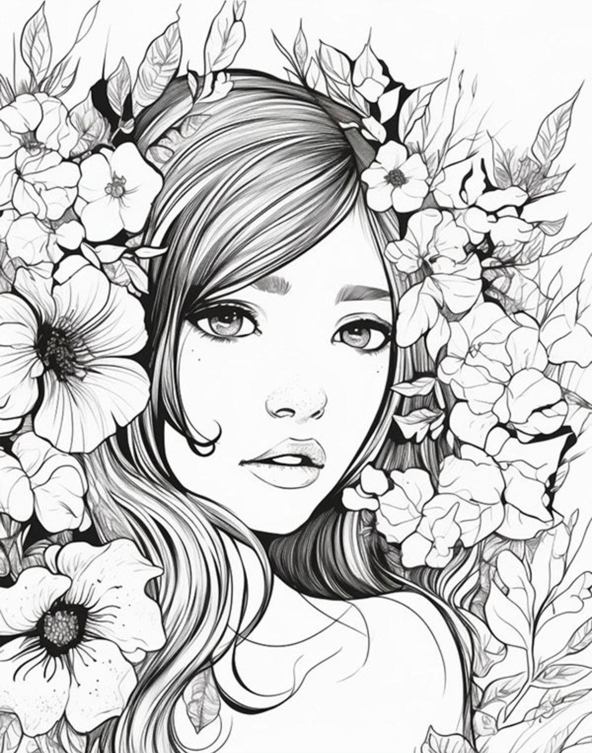 Sunflower Girl Coloring Page - Adult Grayscale Coloring Book Download ...