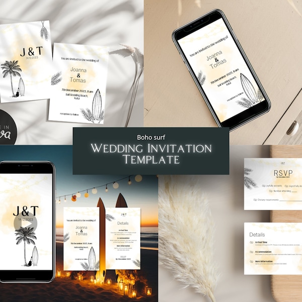 Boho Surf Style Wedding Invitation Set - Editable Canva Template