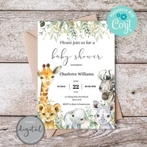 Invitación de Baby Shower, Safari EDITABLE Invitación Imprimible, Greenery Jungle Baby Shower Invitación, Editar e Imprimir usted mismo invitación