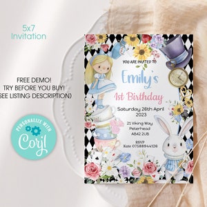 Editable PRINTABLE Alice in Wonderland Birthday Invitation, digital invitation, Invitation, Party Invitation Template INSTANT DOWNLOAD A2