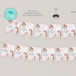 EDITIERBARE Ballerina Happy Birthday Banner, Ballerina Geburtstagsbanner, DIY Ballerina Partydekorationen, Instant Download, Corjl
