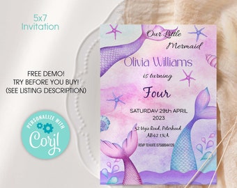 Editable PRINTABLE Mermaid Birthday Invitation digital invitation, Invitation Party Invitation Template INSTANT DOWNLOAD, Mermaid Invite M2