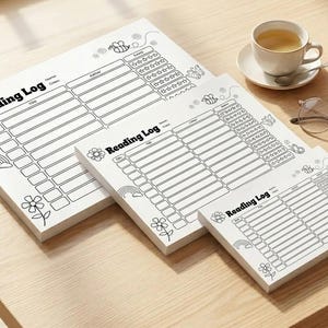 May include: Three white Reading Log notepads of varying sizes are arranged on a wooden table. Each notepad features a grid layout with lines for recording reading details, and is decorated with floral and rainbow illustrations.