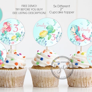 Bearbeitbare druckbare Meerjungfrau unter dem Meer Cupcake Toppers, bearbeitbare Meerjungfrau Geburtstag Cupcake Toppers, sofortiger Download Cupcake Toppers