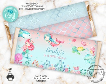 EDITABLE Mermaid Chocolate Bar Wrapper, Under the Sea Candy Bar Wrapper, Girls Birthday Party Favors, Editable Template Download