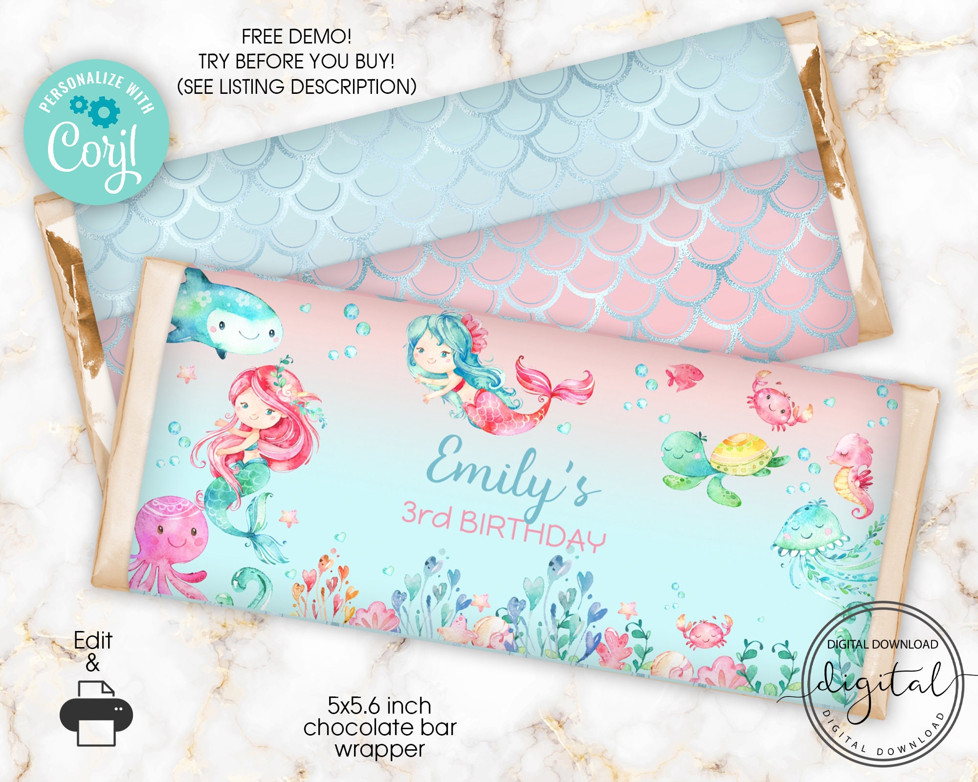 EDITABLE Mermaid Chocolate Bar Wrapper, Under the Sea Candy Bar Wrapper, Girls Birthday Party Favors, Editable Template Download