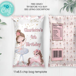 Plantilla de bolsa de chip de fiesta de cumpleaños de bailarina IMPRIMIBLE editable, bolsa de chip de bailarina, bolsa de snack de bailarina, descarga instantánea, descarga digital