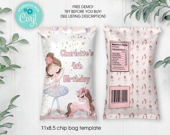 Editable PRINTABLE Ballerina Birthday Party Chip Bag Template, Ballerina Chip Bag , Ballerina Snack bag, Instant Download, Digital Download