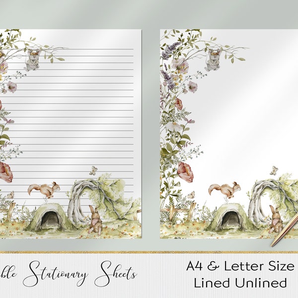 Printable Stationery, Woodland  Printable paper Printable Writing Paper, Writing Paper A4 Us Letter, Woodland Collection 4