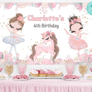 Pano de fundo digital de aniversário, decorações de fundo de festa de aniversário de pônei bailarina, banner de cenário para impressão de festa, download instantâneo bailarina