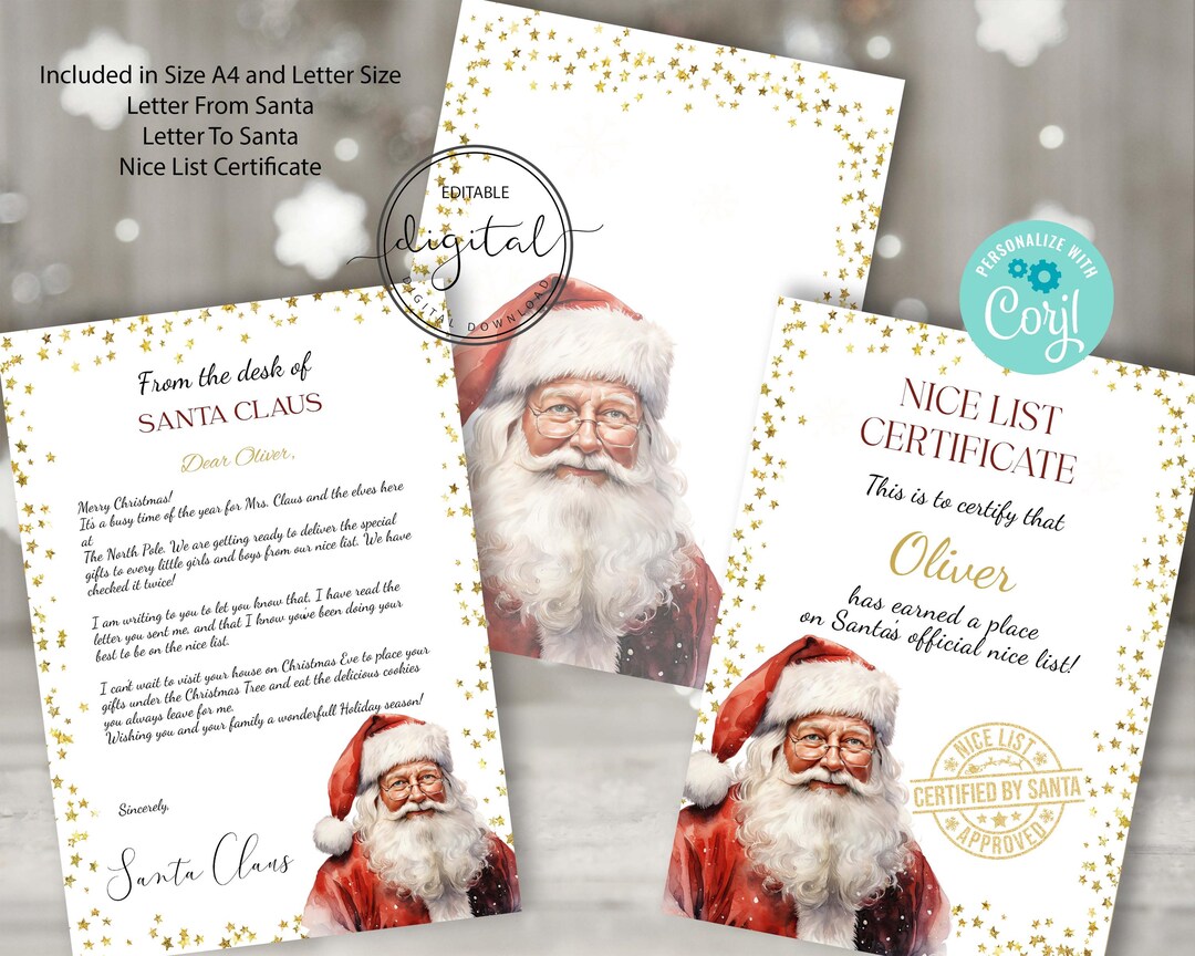 Editable Santa Letter Set, Nice List Certificate (digital Download) - Etsy
