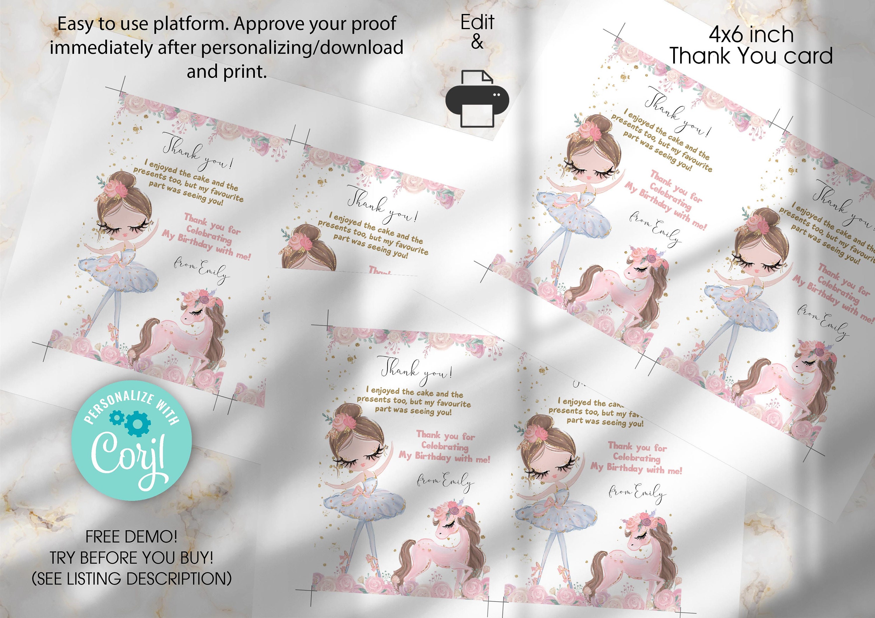 EDITABLE Ballerina Birthday Party Thank You Card, Printable Ballerina ...