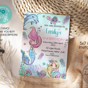 Editable PRINTABLE Mermaid Birthday digital invitation, Under the Sea Party Invitation, Birthday Invitation Template INSTANT DOWNLOAD U2