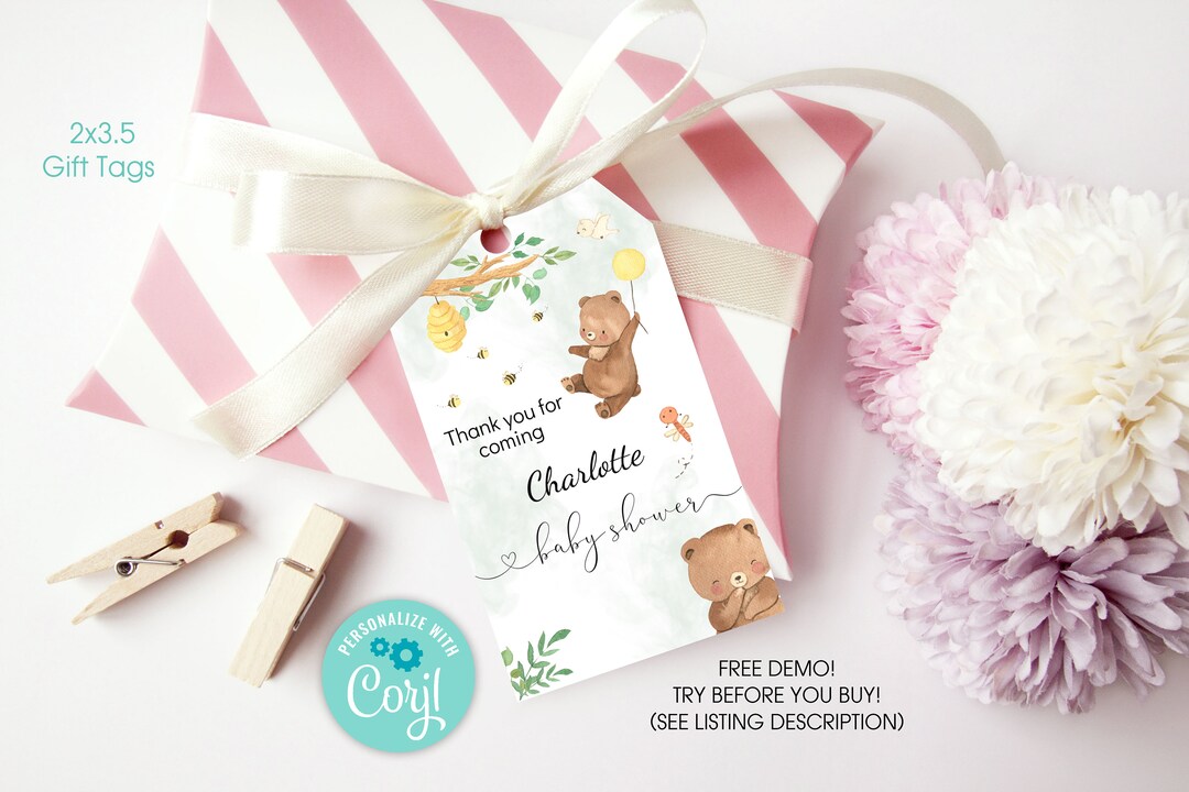 Editable PRINTABLE Teddy Bear Baby Shower Favour Tag, Cute Bear Thank You Tag, Bear Gift Tag Etsy