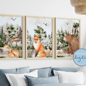 PRINTABLE Woodland Forest Animals Prints Set of 3 Prints Wall Art Decor, Digital Art  Print Set, Woodland Nursery Prints, INSTANT DOWNLOAD