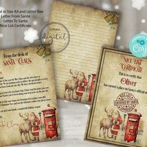 Conjunto de cartas editáveis para o Papai Noel, pacote de cartas para o Papai Noel, certificado de lista legal, carta do Papai Noel, carta personalizada para impressão editável do Papai Noel
