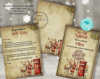 Editable Letter to Santa Set, Santa Letter Pack ,Nice list certificate ,Letter from Santa, Editable Printable Personalised Santa Letter