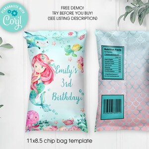 Editable PRINTABLE Mermaid Birthday Party Chip Bag Template, Under the Sea Chip Bag , Mermaid Snack bag, Instant Download, Digital Download