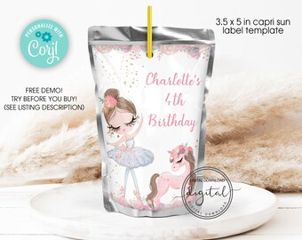 Editable PRINTABLE Ballerina Birthday Capri sun Label, Ballerina and Pony Juice Label, Ballerina Juice Label Instant Download, Digital