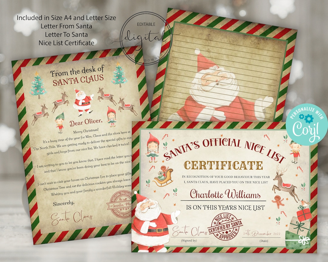 Editable Santa Letter Set, Nice List Certificate (digital Download) - Etsy
