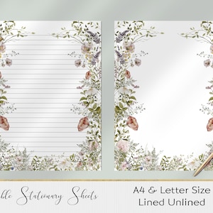May include: Printable stationery sheets in A4 and letter size. The sheets feature a floral border with pink, white, and green flowers. One sheet is lined and the other is unlined.