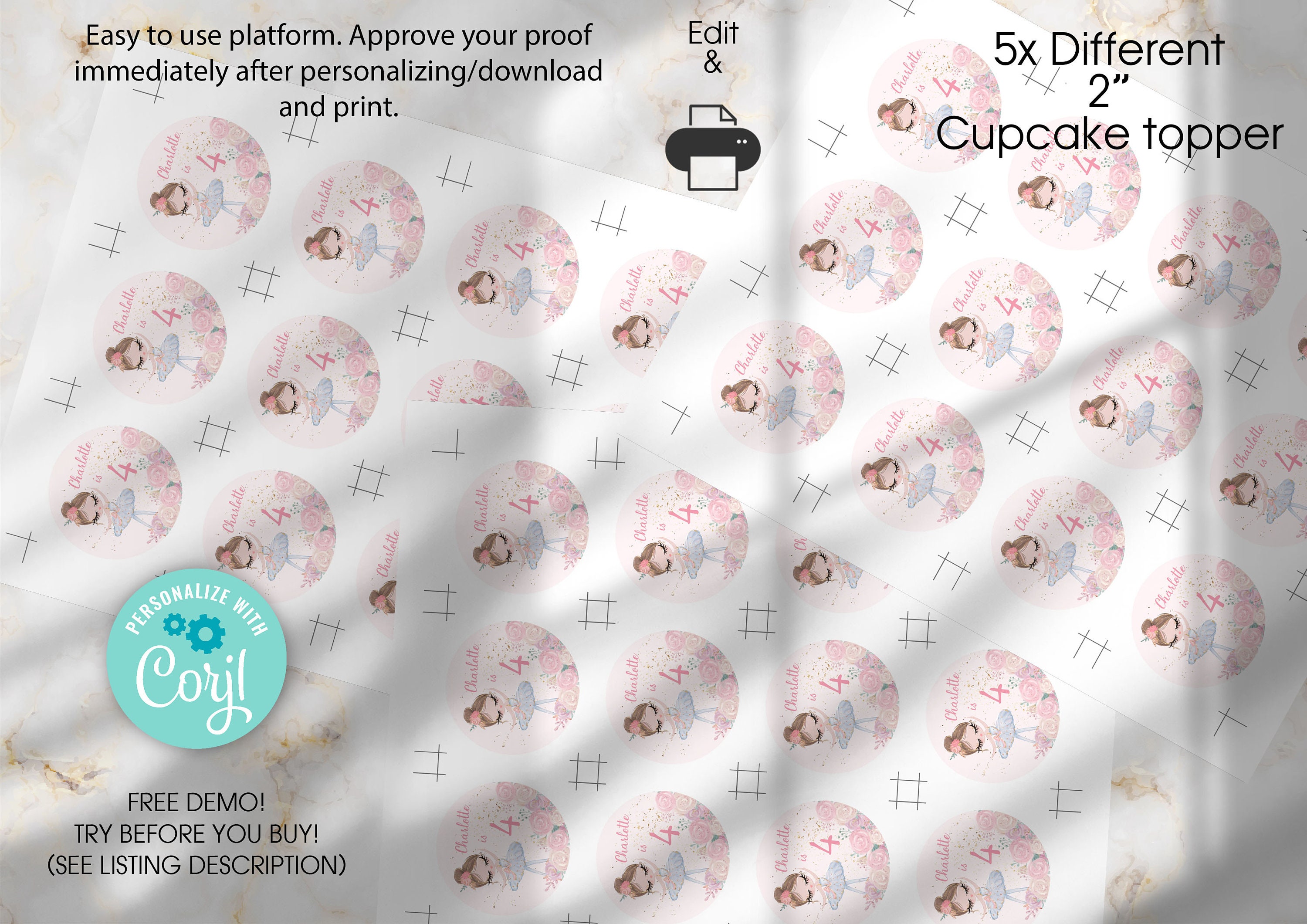 Editable Printable Ballerina Sea Cupcake Toppers, Editable Ballerina