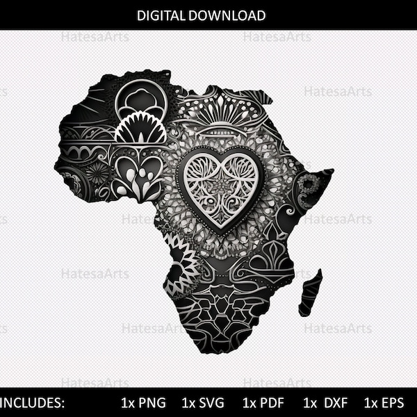 HatesaArts I Afrika Kontinent Karte I Mandala Muster I Datei für Cricut I Sofortiger Digitaler Download - png, svg, pdf, dxf, eps