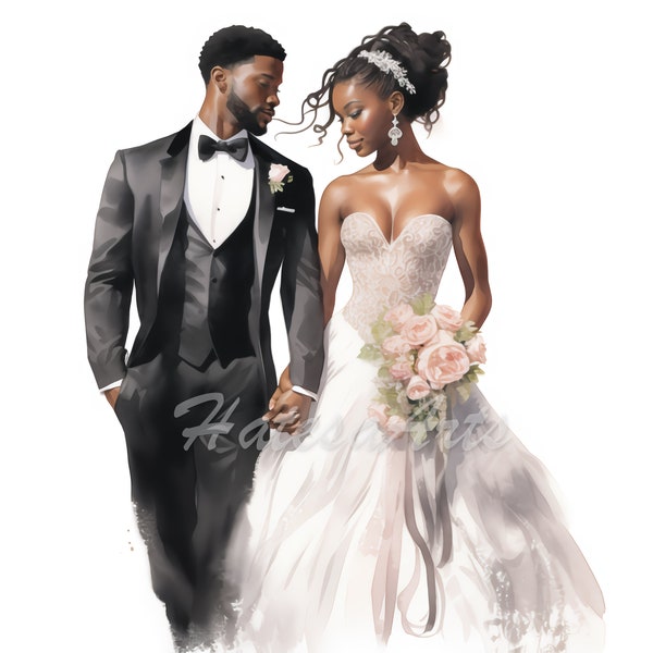 African-American Wedding Illustrations | Commercial Use Clipart | Black Wedding Art | AfricanAmerican Bride & Groom | Wall Art Print