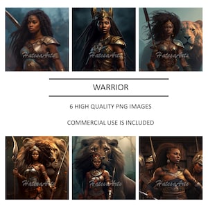 May include: Six digital illustrations of a Black woman warrior with a lion. The warrior is wearing armour and holding a spear. The background is a dark forest.